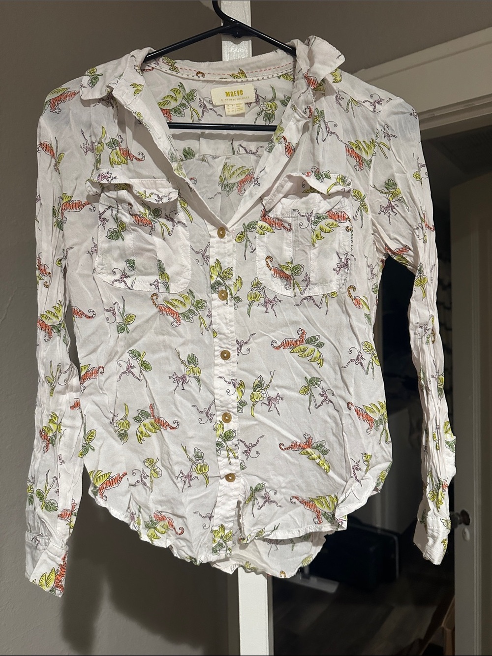 Anthropologie Maeve White Button-Down Shirt with Jungle Animal Print